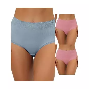 3 упаковки женского нижнего белья с высокой талией, удобные трусики в рубчик с кружевной отделкой, разноцветные ALLEGRA K, цвет Pink Light Blue