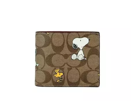 3-в-1 кожаный кошелек Peanuts с логотипом, с изображением Снупи и Вудстока, цвет хаки и мульти-цветной Coach