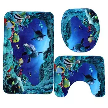 3шт Синий океан Дельфин Ванная комната Нескользящий коврик на подставке для унитаза Набор ковриков для ванной Stuttg