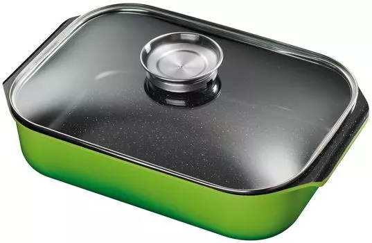 40x26см Жаровня KING из литого алюминия со стеклянной крышкой и кнопкой ароматизации / цвет: зеленый / внутреннее керамическое покрытие: FUSION