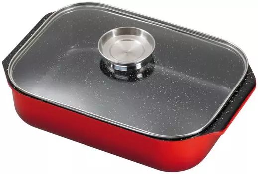 40x26см Жаровня KING из литого алюминия со стеклянной крышкой и кнопкой ароматизации / цвет: красный / внутреннее керамическое покрытие: FUSION