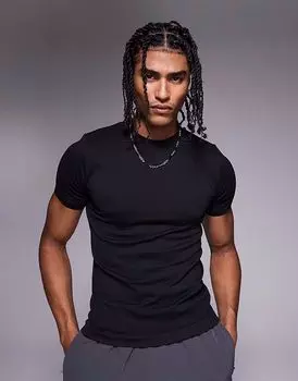 4505 - Бесшовная спортивная футболка в рубчик черного цвета, облегающего кроя