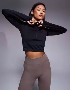 4505 бесшовный облегающий укороченный топ спортивного кроя с длинными рукавами и молнией 1/4, черный цвет