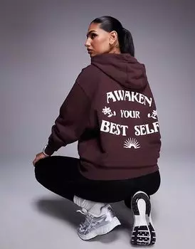 4505 быстросохнущая свободная тренировочная толстовка с капюшоном и принтом на спине, цвет: коричневый