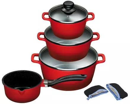 4/7 штук Набор кастрюль KING из литого алюминия RED / 10 л / размеры кастрюли ок. 16, 16, 20, 24 см / прочное антипригарное керамическое покрытие Внутри: FUSION TI / Цвет: RED