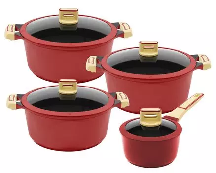 4/8 шт. Набор кастрюль KING GOURMET RED / размеры кастрюли ок. 16, 18, 20, 24см / из литого алюминия с антипригарным покрытием, армированным керамикой: XYLAN PLUS SILVER DIAMOND / цвет: RED, красный