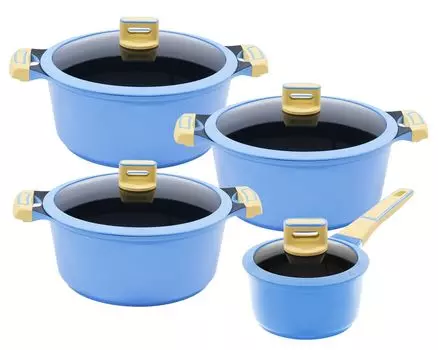 4/8 шт. Набор кастрюль KING GOURMET BLUE / размеры кастрюли ок. 16, 18, 20, 24 см / из литого алюминия с антипригарным покрытием, армированным керамикой: XYLAN PLUS SILVER DIAMOND / цвет: СИНИЙ