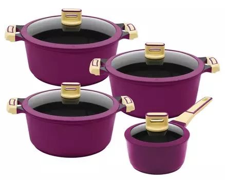 4/8 шт. Набор кастрюль KING GOURMET AUBERGINE / размеры кастрюли ок. 16, 18, 20, 24см / из литого алюминия с антипригарным покрытием, армированным керамикой: XYLAN PLUS SILVER DIAMOND / цвет: BUBERGINE