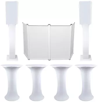 4) Клубные столы Highboy + белые 12-дюймовые панели для динамиков + фасад DJ + 2) тотемные стойки American DJ (4) Decor Cocktail Table+RFAAW+RTP+RSC