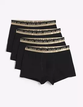 4 пары трусов-боксеров с поясом золотого цвета с разрезом, цвет черный River Island