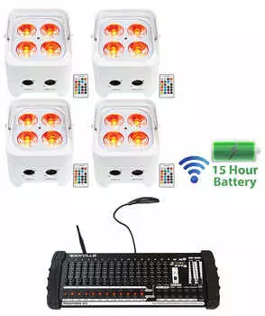4) Rockville BEST PAR 50 Battery Wash Lights Беспроводной DMX + 384-канальный контроллер (4) BEST PAR 50 WHITE+ROCKFORCE W4