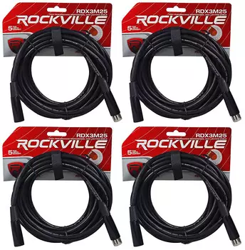 (4) Rockville RDX3M25 25-футовые 3-контактные кабели освещения DMX, 100 % из бескислородной меди, гнездовой и штекерный (4) RDX3M25