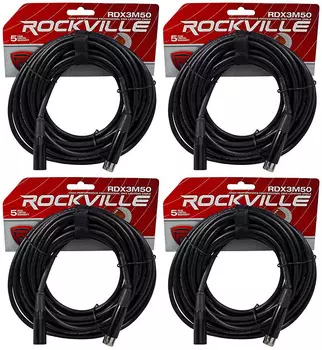 (4) Rockville RDX3M50 50-футовые 3-контактные кабели освещения DMX, 100 % из бескислородной меди, гнездовой и штекерный (4) RDX3M50