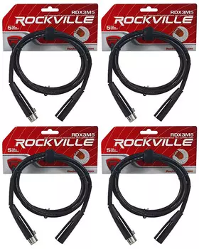 (4) Rockville RDX3M5 5-футовые 3-контактные кабели освещения DMX, 100% медь, гнездо-папа (4) RDX3M5