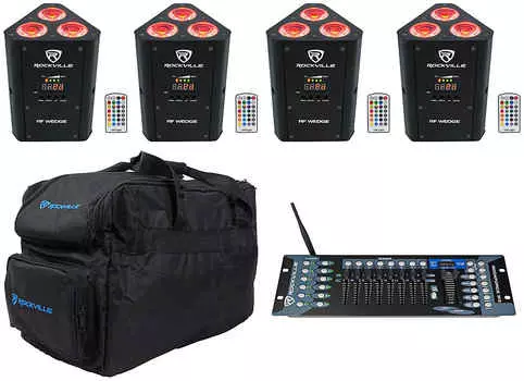 Комплект Rockville RF WEDGE BLACK RGBWA + UV Battery Wireless DMX Lights + Сумки + Контроллер RF WEDGE BLACK + Rockforce W2 + RLB30
