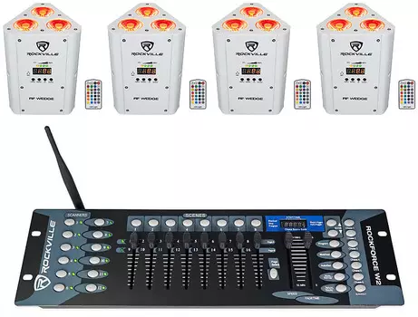 Комплект Rockville RF WEDGE WHITE RGBWA + UV Батарея Wireless DMX Up Lights + Контроллер RF WEDGE WHITE + Rockforce W2