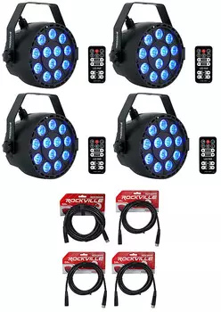 4 Rockville RockPAR TRI LED RGB Par Cans DJ Black DMX Wash Lights+Remotes+Cables (4) ROCKPAR TRI BLACK+RDX3M25+RDX3M10