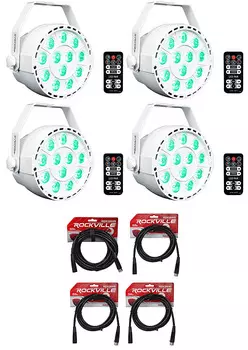 4 Rockville RockPAR TRI LED RGB Par Cans DJ White DMX Wash Lights+Remotes+Cables (4) ROCKPAR TRI WHITE+RDX3M25+RDX3M10