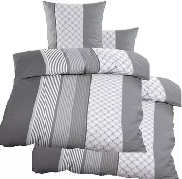 4 шт. Постельное белье 100% хлопок, Renforce, 2х(135х200+80х80см), серо-белый, в полоску KH-Haushaltshandel