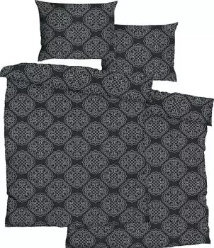 4 шт. Постельное белье из хлопка 2X (135х200+80х80см), черное серебристо-серое, орнамент, без глажки KH-Haushaltshandel