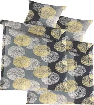 4 шт. Постельное белье из хлопчатобумажной ткани 2x (135x200+80x80см), серо-черно-желтый, точки/круги, без глажки KH-Haushaltshandel