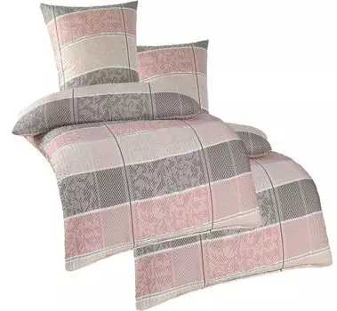 4 шт. Постельное белье из хлопчатобумажного хлопка 2x (135x200 +80x80см), лососево-розово-серый в полоску с завитками, без утюга, микрофибра KH-Haushaltshandel