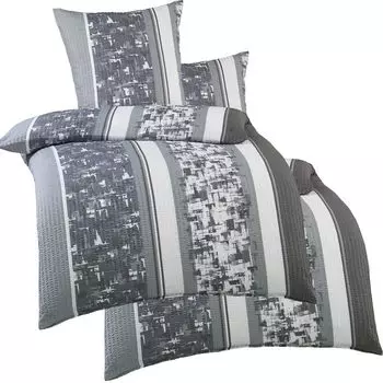 4 шт. Постельное белье из хлопка 2х (135х200+80х80 см), серо-белый, узорчатые полоски, молния, негладкий, микрофибра KH-Haushaltshandel