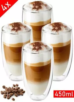 4 стакана для латте макиато, чашки для капучино с двойными стенками, 450 мл - из боросиликатного стекла - чайные стаканы, которые можно мыть в посудомоечной машине, набор кофейных чашек - термостаканы Stephans Mbelbrse, прозрачный