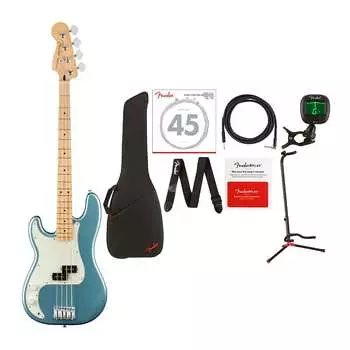 4-струнная электрическая бас-гитара Fender Player Precision с басовыми струнами, сумкой, кабелем, подставкой для гитары, тюнером, ремнем и комплектом карт предоплаты (8 предметов)