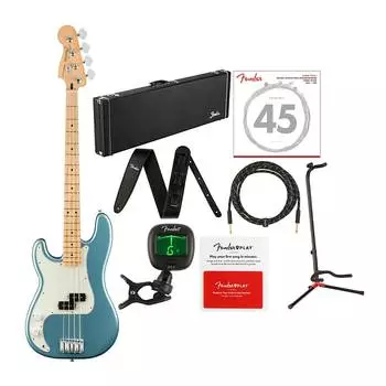 4-струнная электрическая бас-гитара Fender Player Precision с деревянным корпусом, басовыми струнами, кожаным ремешком, кабелем, подставкой для гитары, тюнером и комплектом карт предоплаты (8 предметов)
