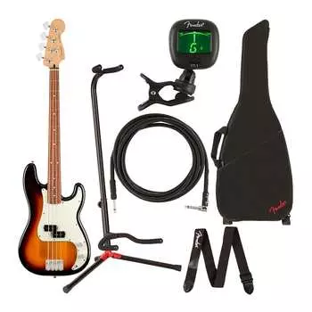 4-струнная электрогитара Fender Player Precision Bass (накладка на гриф Pau Ferro, 3 цвета Sunburst) Комплект со струнами, чехлом для инструментов, инструментальным кабелем, подставкой, клипсовым тюнером, ремнем и предоплаченной картой