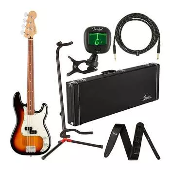 4-струнная электрогитара Fender Player Precision Bass (накладка на гриф Pau Ferro, 3 цвета Sunburst) в комплекте с деревянным футляром, басовыми струнами, ремнем, кабелем, подставкой, клипсовым тюнером и предоплаченной картой