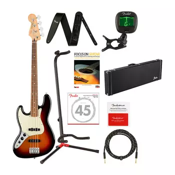 4-струнная бас-гитара Fender Player Jazz Bass (накладка на гриф Pau Ferro, 3 цвета Sunburst, для левшей) в комплекте с деревянным футляром, гитарными струнами, кабелем, подставкой, тюнером, ремнем и картой предоплаты