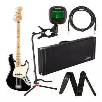 4-струнная бас-гитара Fender Player Jazz (кленовый гриф, черный) в комплекте с деревянным футляром, басовыми струнами, кожаным ремнем, инструментальным кабелем, подставкой для гитары, клипсовым тюнером и картой предоплаты (8 предметов)