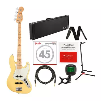 4-струнная джазовая электрическая бас-гитара Fender Player (сливочный крем, для правой руки) с деревянным корпусом, басовыми струнами, кожаным ремешком, кабелем, подставкой для гитары, тюнером и комплектом карт предоплаты