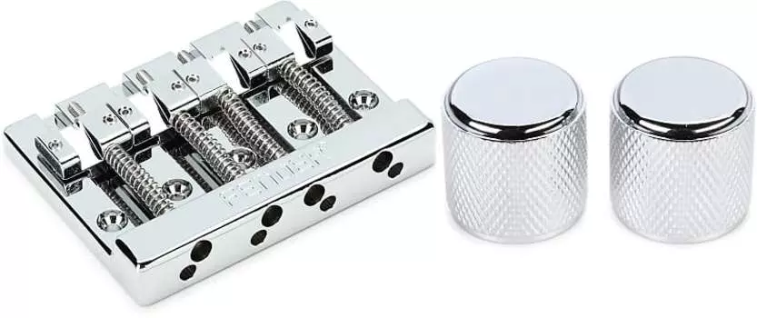 4-струнный басовый бридж Fender HiMass — хром с латунными седлами в комплекте с Fender Telecaster/прецизионными басовыми ручками с накаткой 0991366000=1 0994408000=1