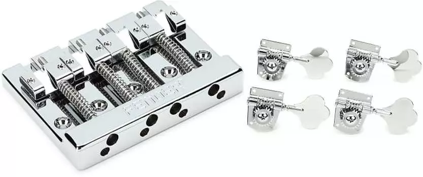 4-струнный басовый бридж Fender HiMass - хром с латунными седлами в комплекте с набором из четырех станков для настройки басов Fender Standard / Highway One Series - хром 0036400049=1 0994408000=1