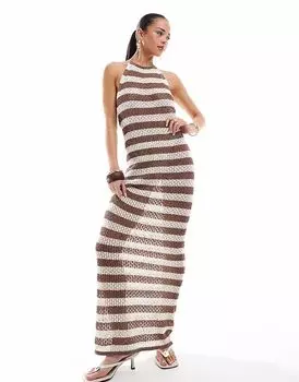4th & Reckless - Пляжное платье макси крючком в полоску коричневого цвета с американской проймой и глубоким вырезом на спине