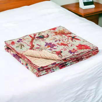 50 x 70 дюймов хлопковое одеяло Kantha с цветочной вышивкой розового цвета и цвета слоновой кости Homezia, цвет Multicolored