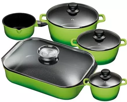 5 кусков Набор KING Advantage ЗЕЛЕНЫЙ: 4 шт. Набор кастрюль из литого алюминия зеленого цвета, 3 кастрюли 16, 20, 24см, 1 кастрюля 16см + жаровня 40x26см из литого алюминия, со стеклянной крышкой и кнопкой ароматизации / цвет: зеленый