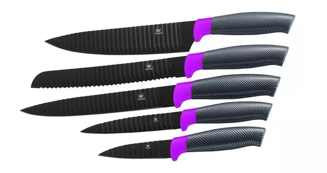 5 кусков Набор ножей KING CARBON BERRY LINE с лезвиями из нержавеющей стали с рифленым покрытием / в футляре / размеры: поварской нож 20 см, нож для обвалки 20 см, нож для хлеба 20 см, универсальный нож 12,5 см и нож для овощей 8,5 см