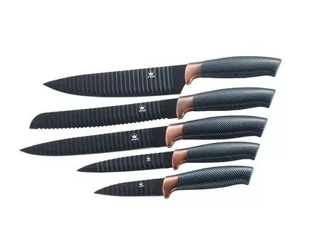 5 кусков Набор ножей KING CARBON DESIGN с лезвиями из нержавеющей стали с рифленой структурой / размеры: поварской нож 20 см, нож для хлеба 20 см, универсальный нож 12,5 см, нож для обвалки 20 см, нож для овощей 8,5 см