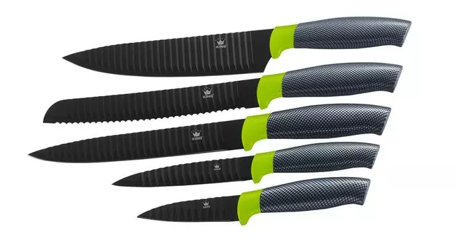 5 кусков Набор ножей KING CARBON GREEN LINE с лезвиями из нержавеющей стали с рифленой структурой / в футляре / размеры: поварской нож 20 см, нож для обвалки 20 см, нож для хлеба 20 см, универсальный нож 12,5 см и нож для овощей 8,5 см