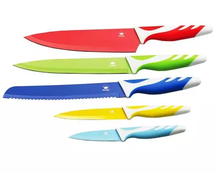 5 кусков Набор ножей KING COLORFUL — лезвия с антипригарным покрытием. Размеры: поварской нож 20 см, нож для обвалки 20 см, нож для хлеба 20 см, универсальный нож 12,5 см и нож для овощей 8,5 см, мультиколор