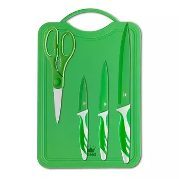 5 кусков Набор ножей KING GREEN 3 ножа, 1 разделочная доска, 1 ножницы, / ножи с лезвиями из нержавеющей стали, зеленый