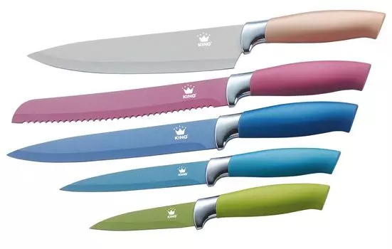 5 кусков Набор ножей KING METALLIC DESIGN с лезвиями из нержавеющей стали / размеры: поварской нож 20 см, нож для хлеба 20 см, универсальный нож 12,5 см, нож для обвалки 20 см, нож для овощей 8,5 см, мультиколор