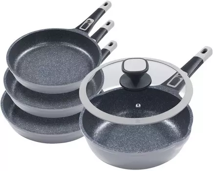 5 кусков Профессиональный набор сковород »Moonscape 4« СЕРЫЕ плоские сковороды (20см 24см 28см) + глубокая сковорода (28см) со стеклянной крышкой King, серый