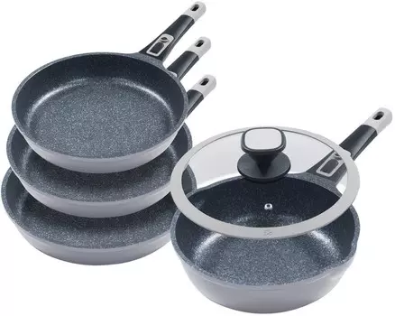 5 кусков Профессиональный набор сковород »Moonscape 4« СЕРЫЕ плоские сковороды (20см 24см 28см) + глубокая сковорода (24см) со стеклянной крышкой King, серый