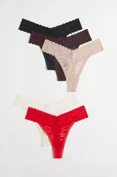 5 пар трусов-стринг с кружевом H&amp;M, черный/фиолетовый/античный розовый