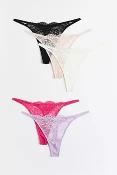 5 пар трусов-стринг с кружевом H&amp;M, черный/светло-бежевый